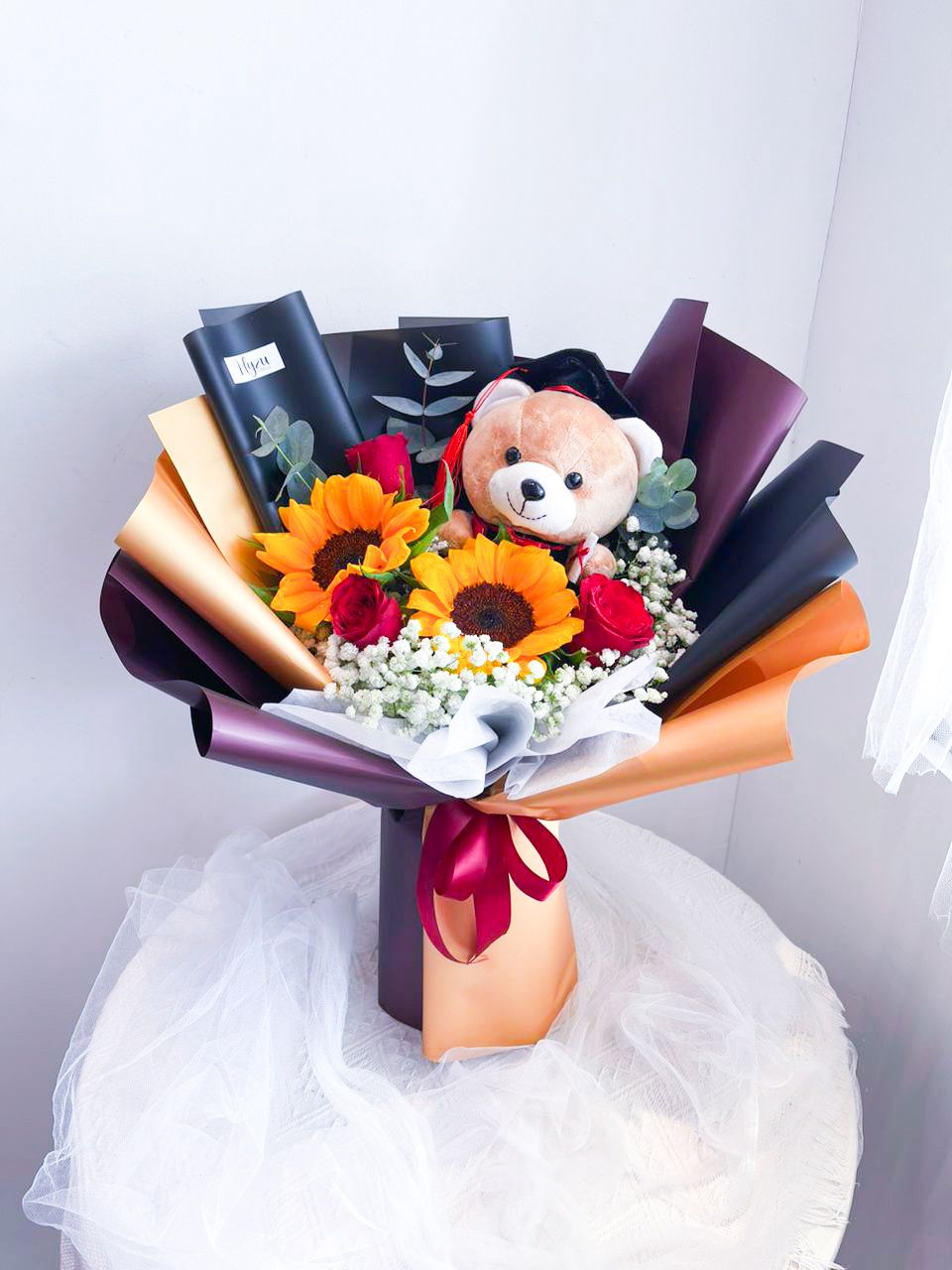 Sunflower-Roses Bouquet with Grad Teddy