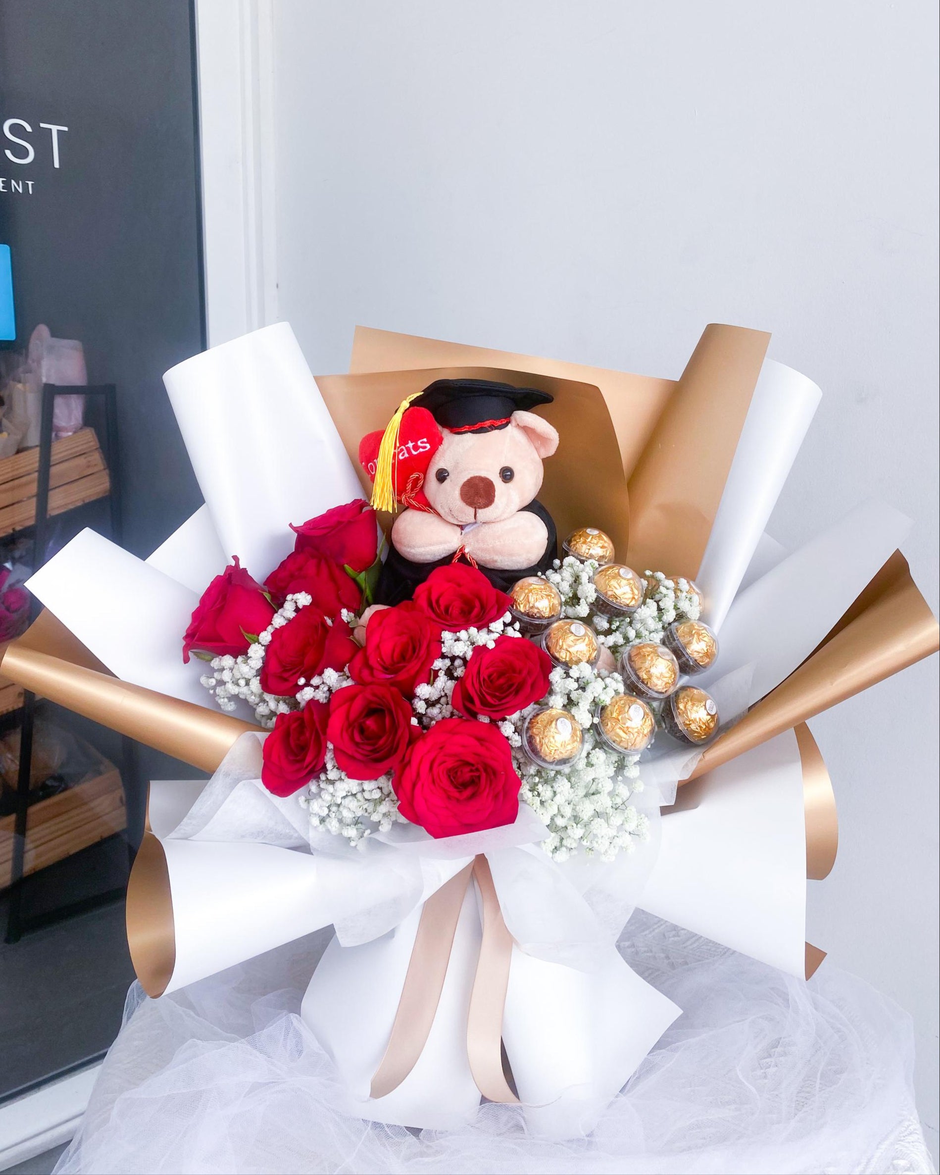 Large Ferrero & Fresh Roses Bouquet with Premium Grad Teddy