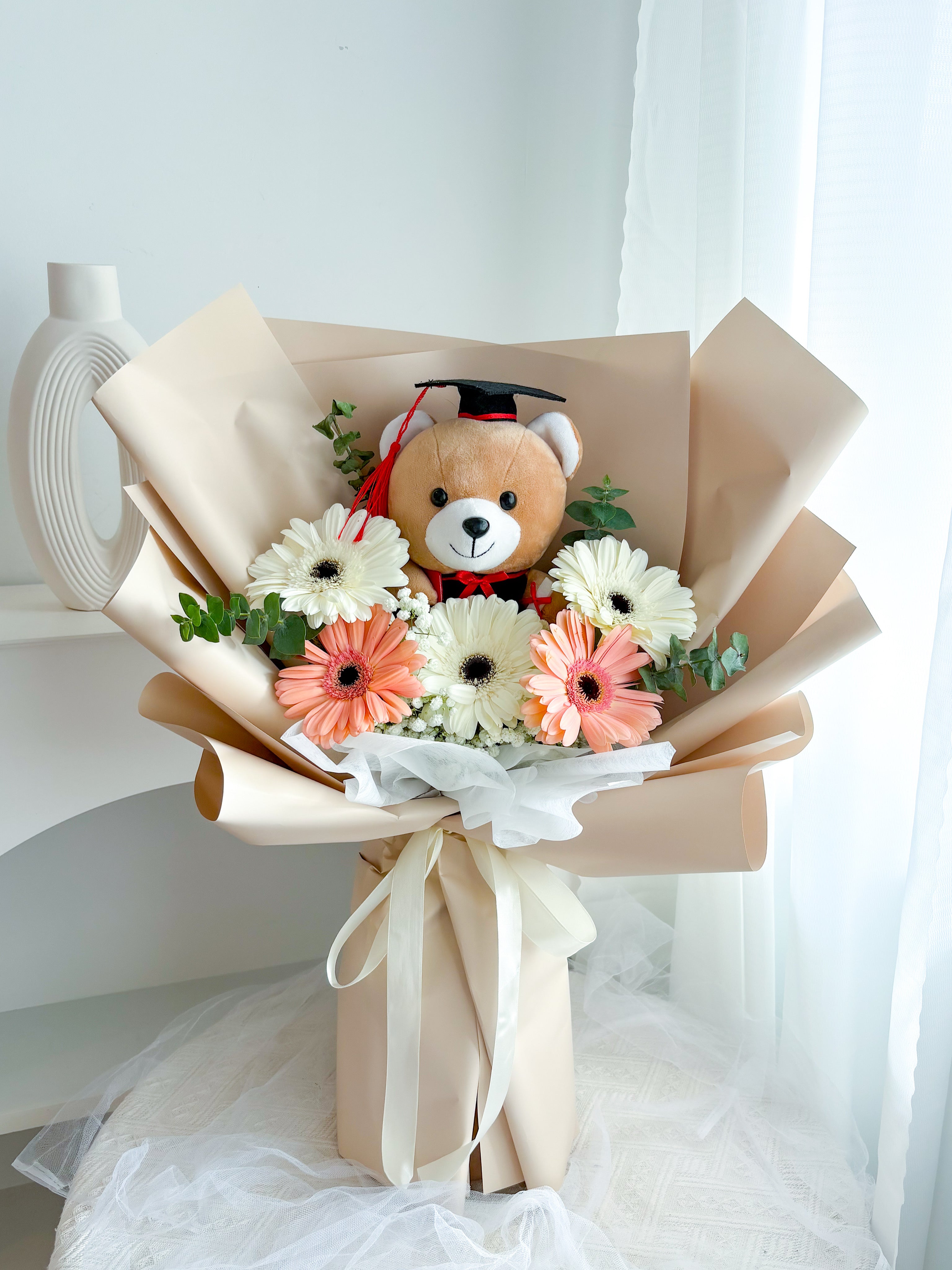 Medium Fresh Gerberas Bouquet with Grad Teddy