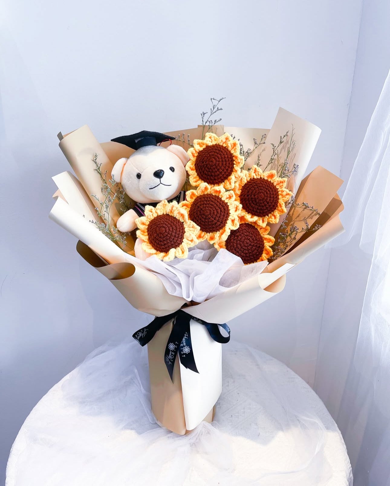 Standard Crochet Sunflowers Bouquet with Grad Teddy