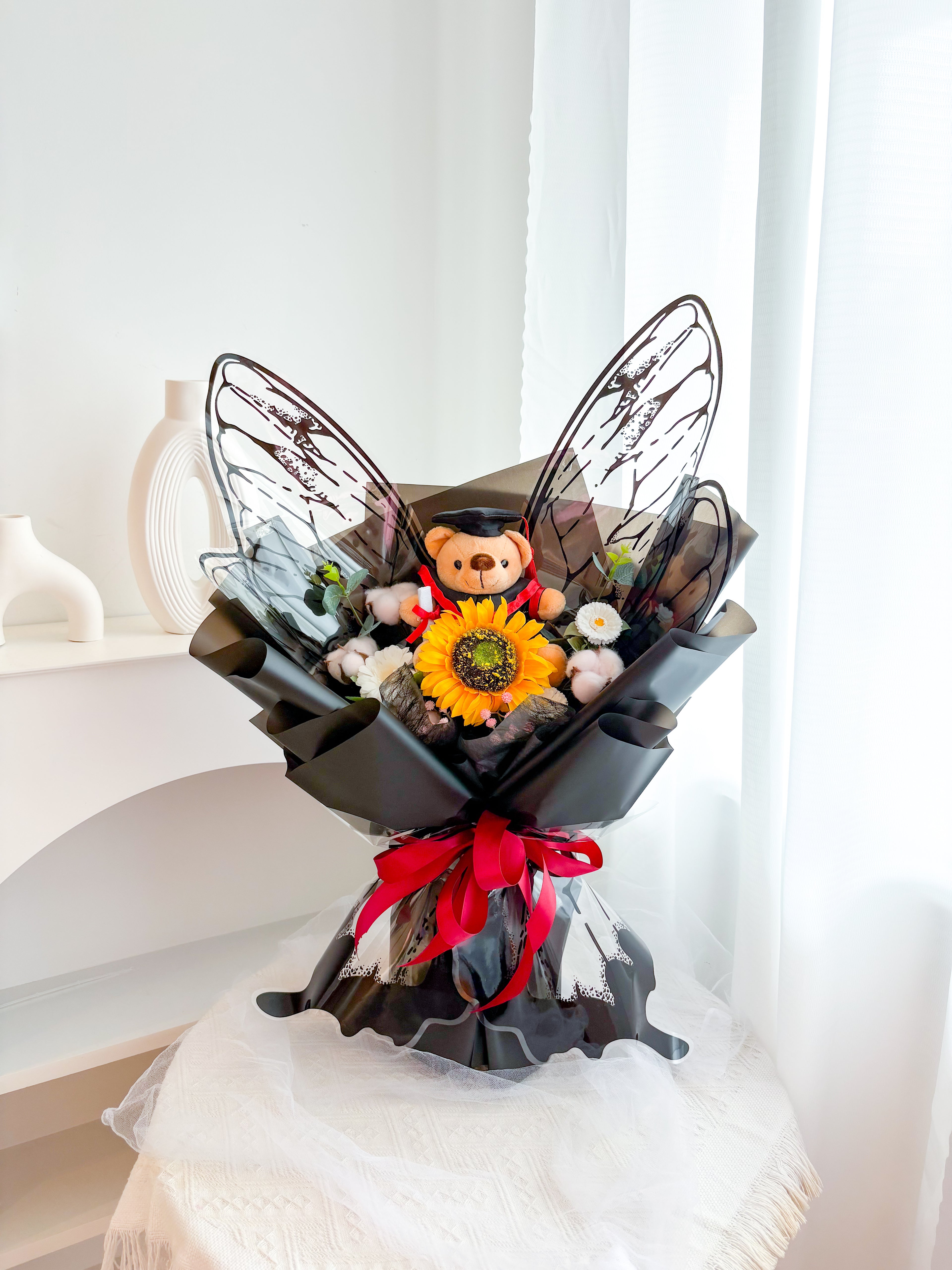 Artificial Sunflower Butterfly Bouquet with Grad Teddy