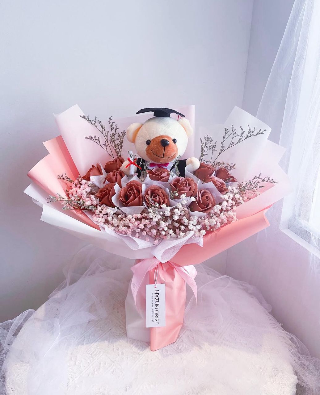 Deluxe Artificial Scented Roses Bouquet With Grad Teddy