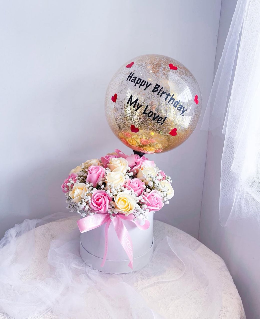 Artificial Scented Roses Box Pastel Set with Glitter Ballon
