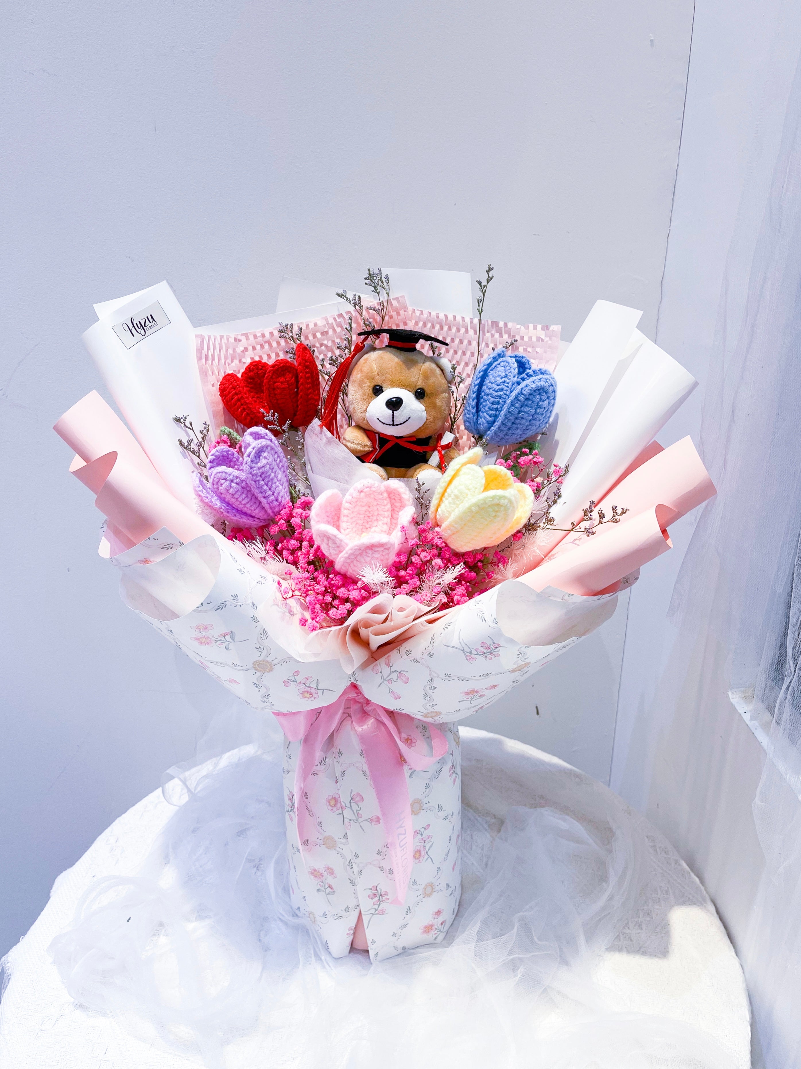 Crochet Tulips Bouquet Rainbow Set with Grad Teddy