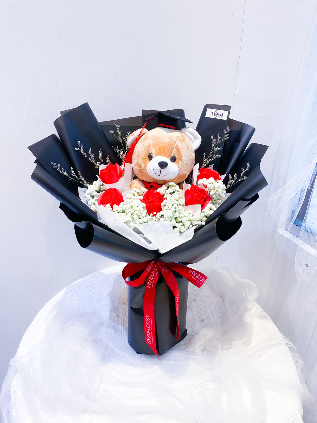 Standard Artificial Scented Roses Bouquet with Grad Teddy