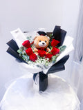 7 Stalks Fresh Roses With Grad Teddy