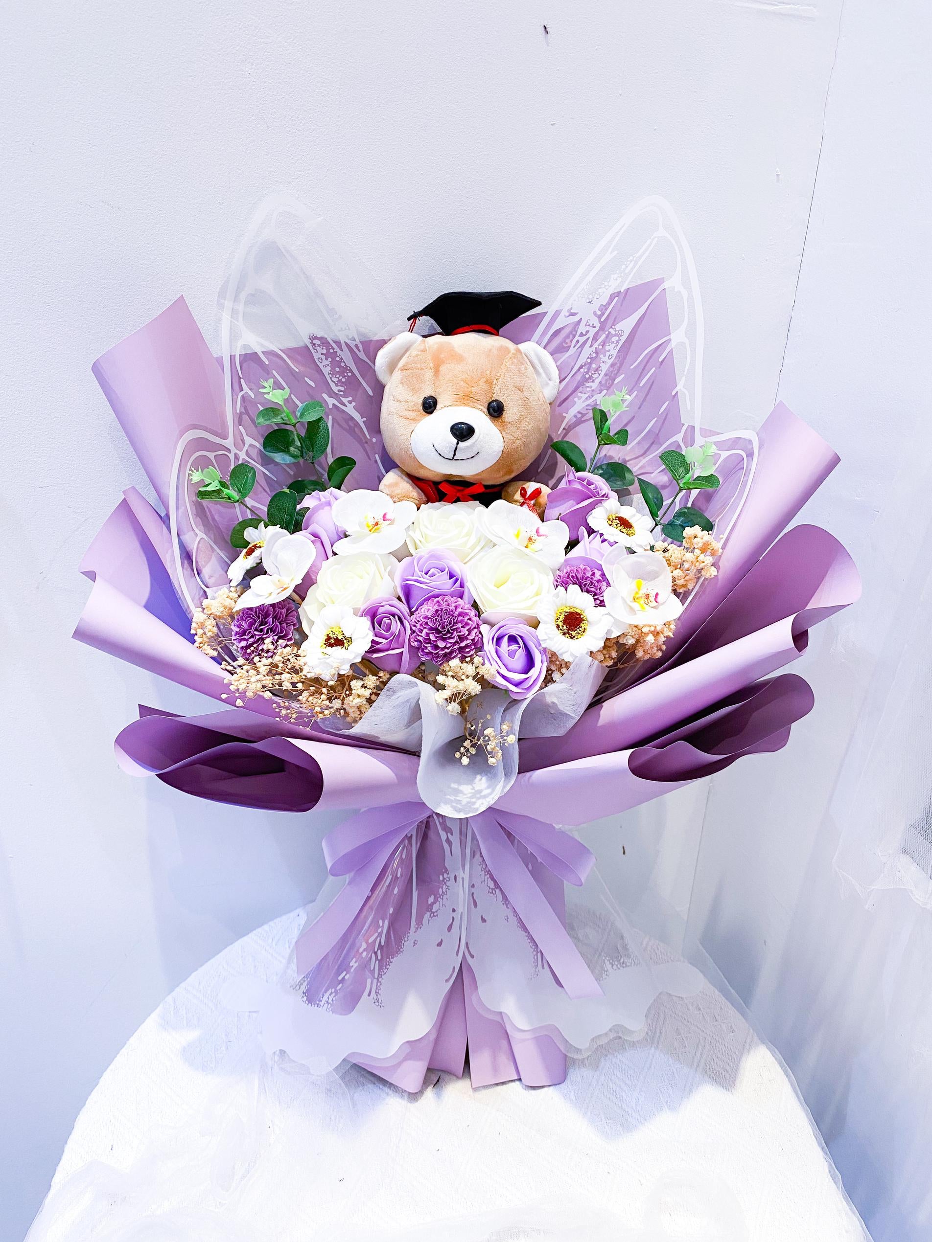 Artificial Scented Butterfly Bouquet with Grad Teddy