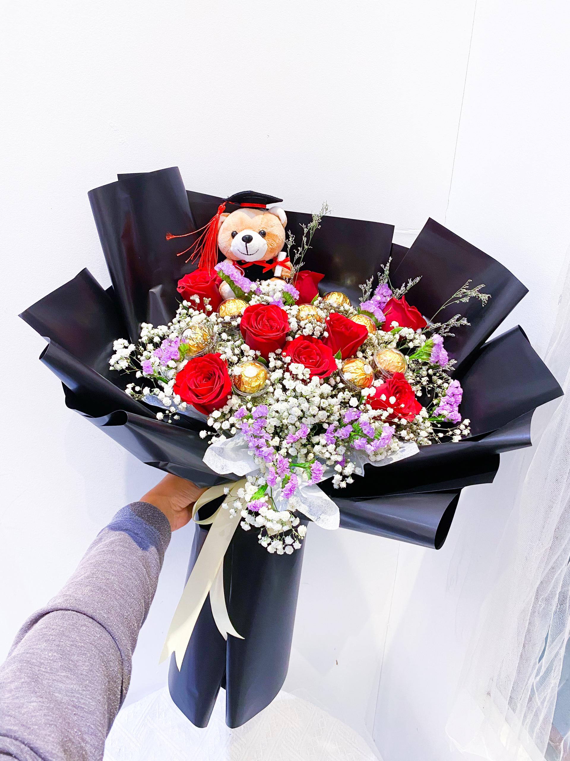 Premium Ferrero-Roses Bouquet with Grad Teddy
