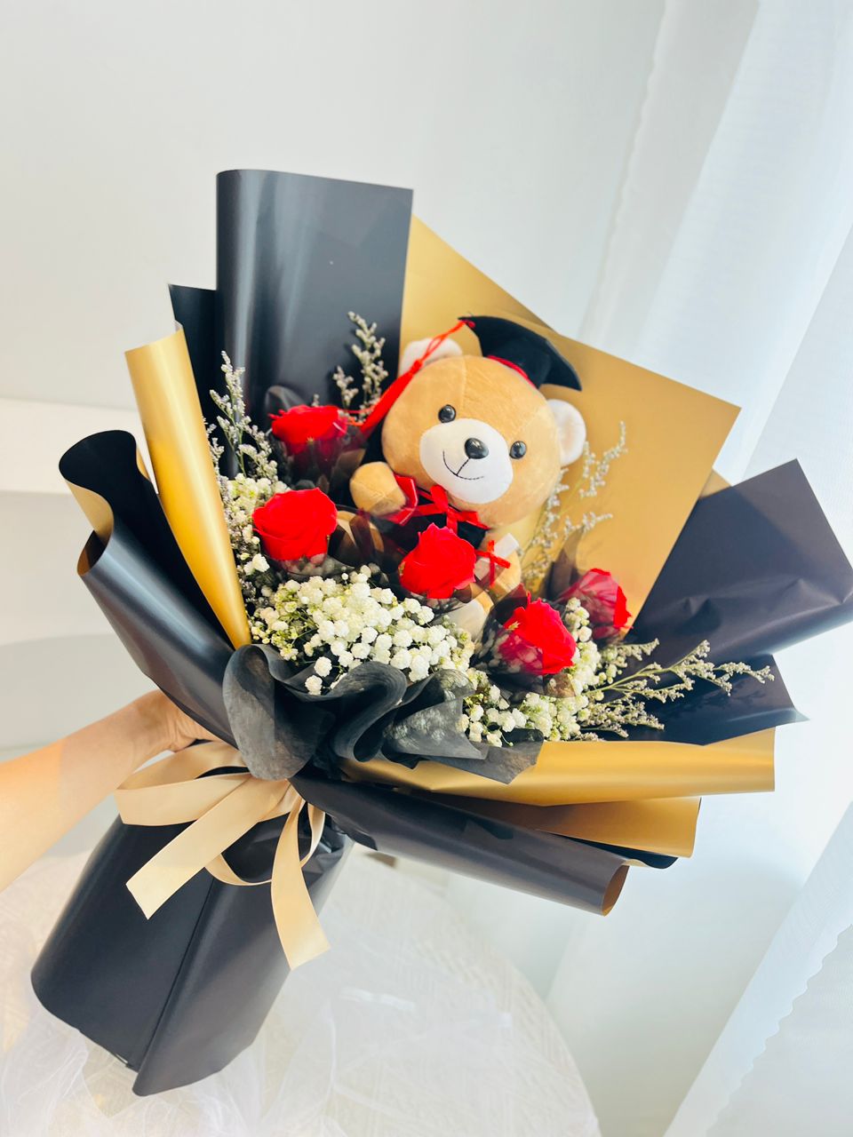 Standard Artificial Scented Roses Bouquet with Grad Teddy