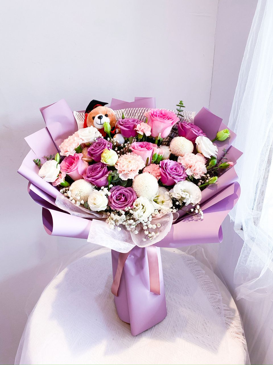 Large Fresh Mix Bouquet with Grad Teddy
