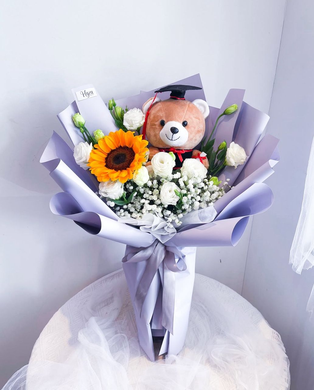 Single Sunflower & Eustoma Bouquet with Grad Teddy