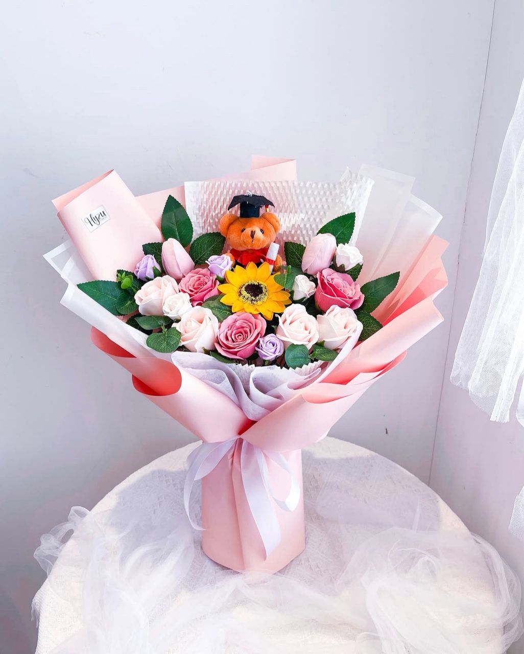 Artificial Scented Mix Bouquet with Grad Teddy