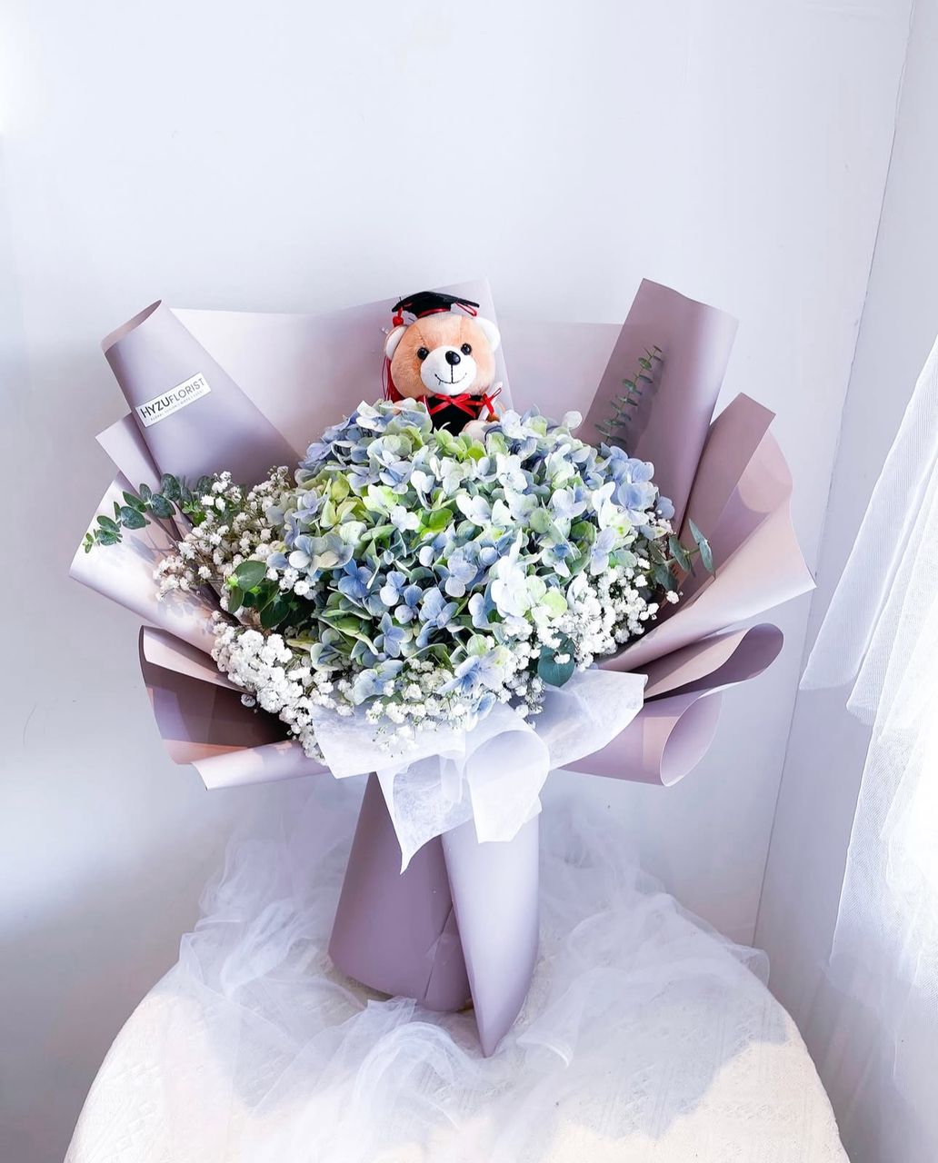 Fresh Hydrangea Bouquet with Grad Teddy