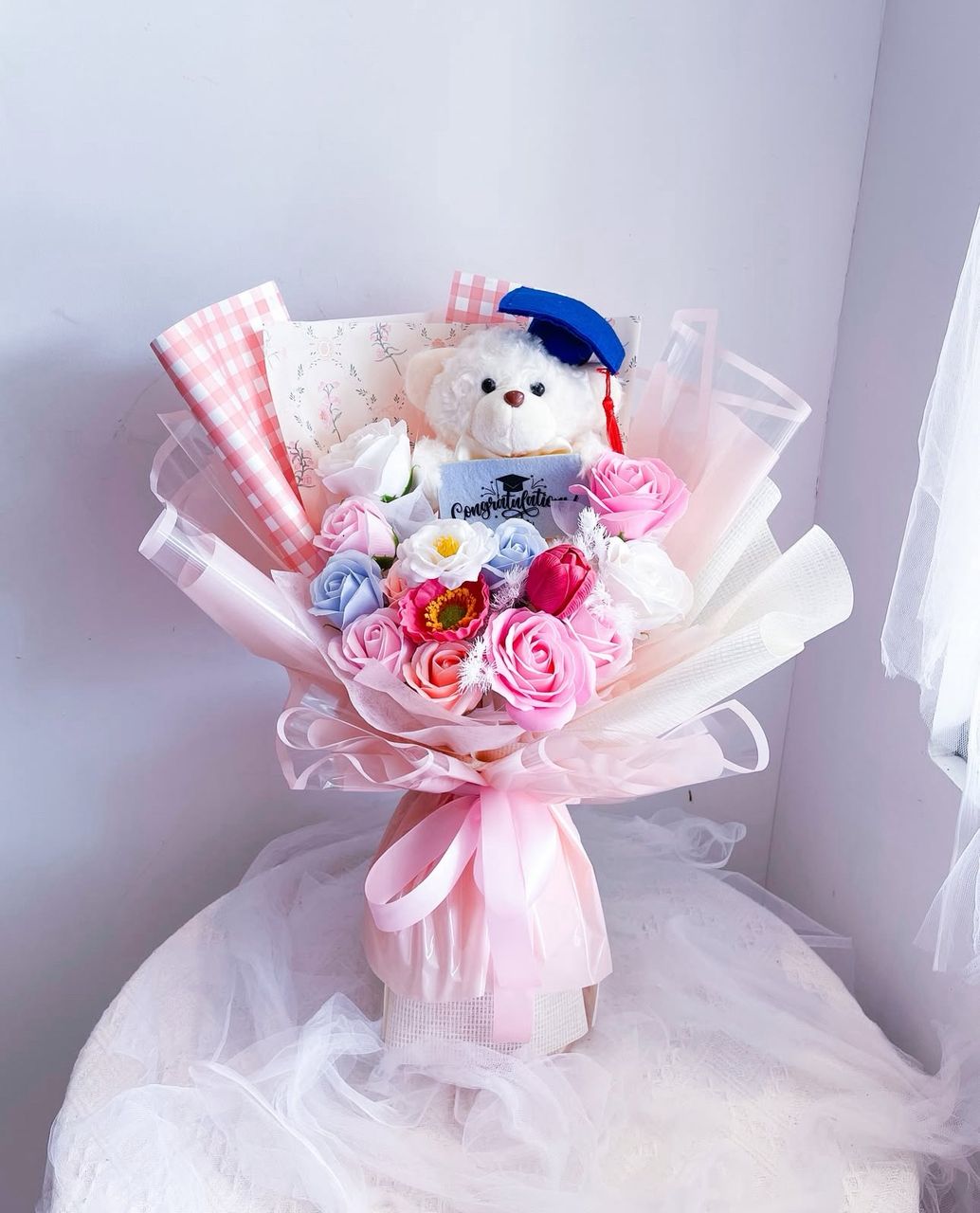 Artificial Scented Bouquet Pastel set with Grad Teddy