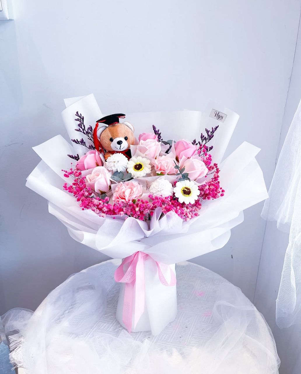 Artificial Scented Bouquet Blush Set with Grad Teddy