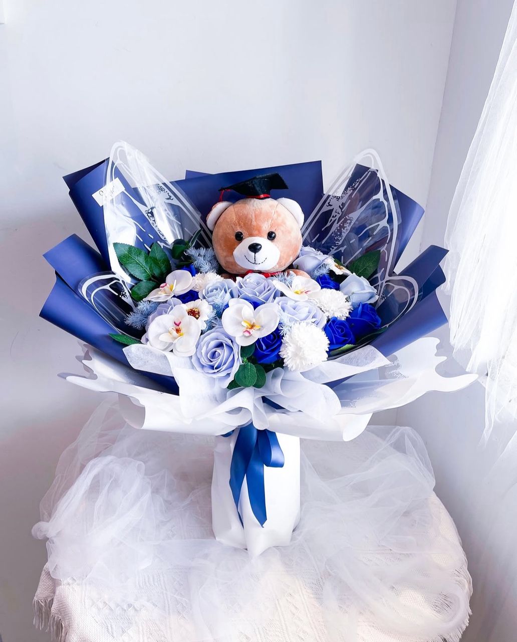 Artificial Scented Half Butterfly Bouquet with Grad Teddy